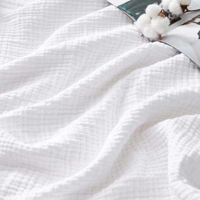 David's Home 100% Natural Cotton Muslin Blanket Queen Size, 4-Layer Soft Breathable Lightweight Comfy Cozy Throw Guaze for Hot Sleepers, 3D Bubble Room Decor for Bed Couch, Giftable, White, 90"x90"
