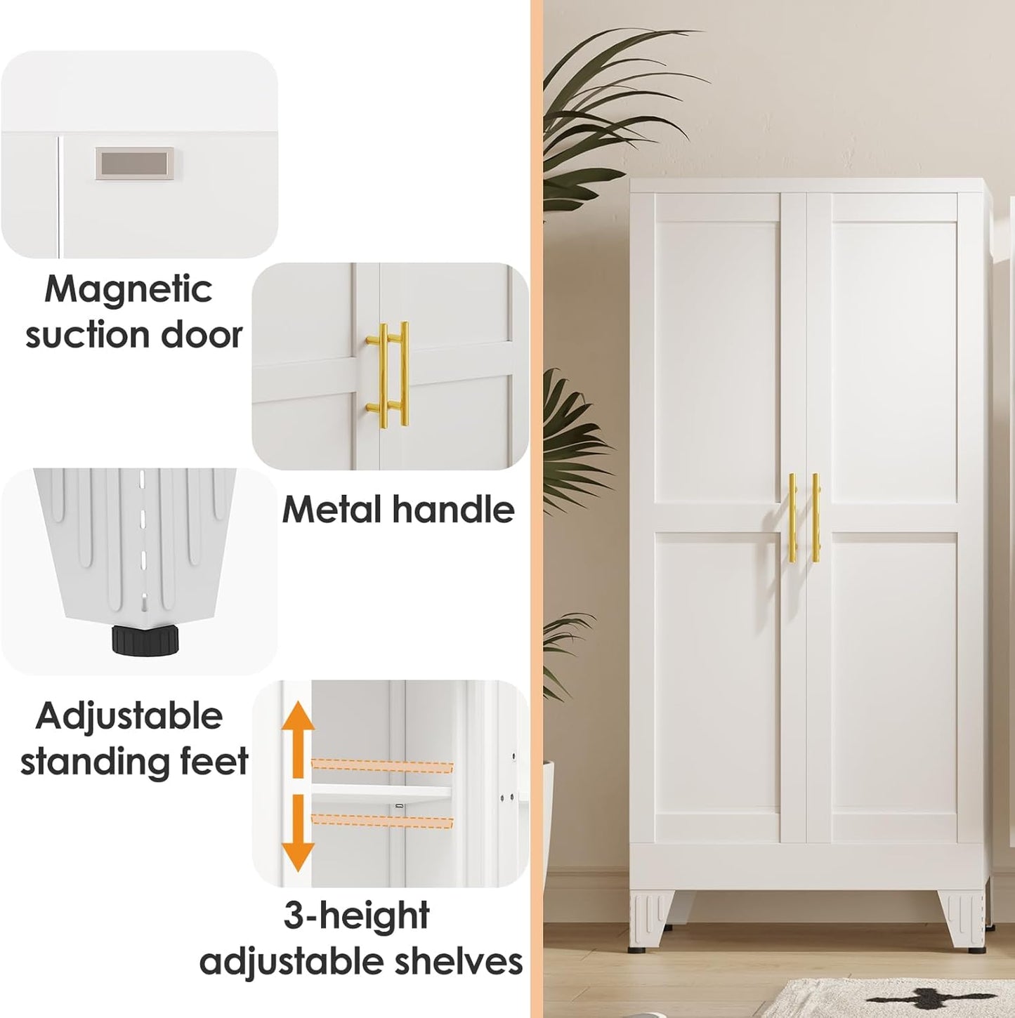 51" Kitchen Pantry Cabinet, Metal Storage Cabinet with 3 Adjustable Layer Shelves, 8 Door Shelves, Buffet Sideboard for Living Room, Kitchen, White