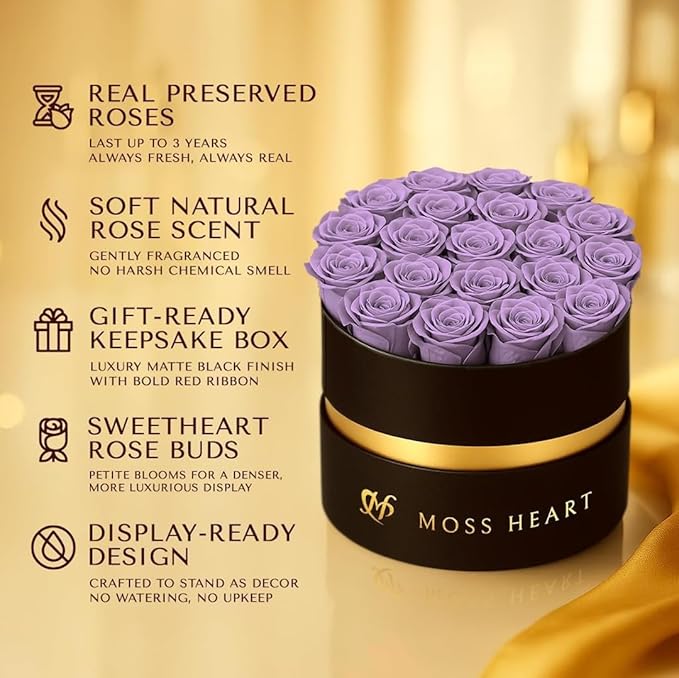 20 Mini Preserved Roses, Round Luxury Gift Box, Real Forever Roses Last 1+ Year, Premium Romantic Gift for Women, Wife, Girlfriend, Mother’s Day, Birthday, Anniversary, Valentine’s Day