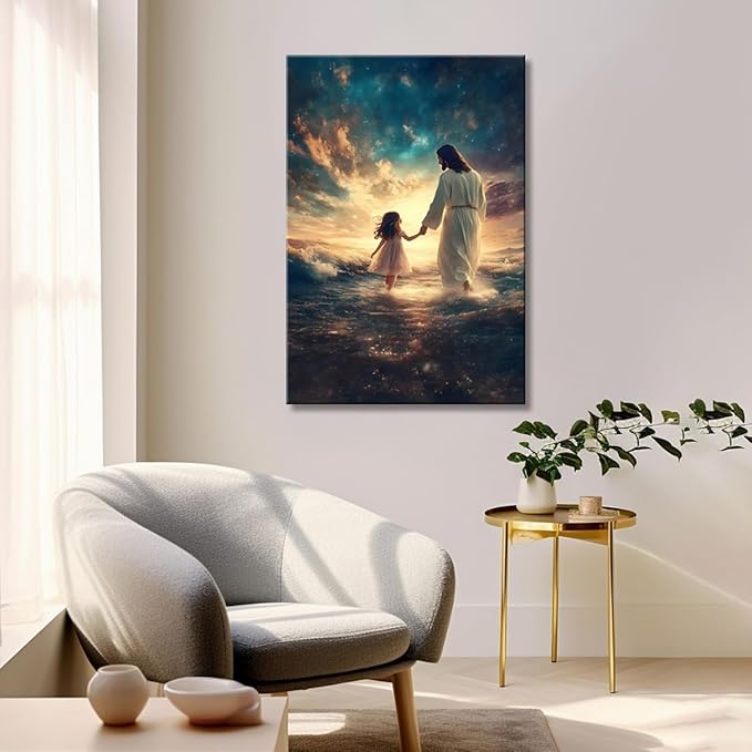 Eysintum Framed Jesus Wall Art, Jesus with Girl Canvas Print, Christian Faith Inspirational Decor for Kids Room Nursery Living Room 12x16in Ready to Hang