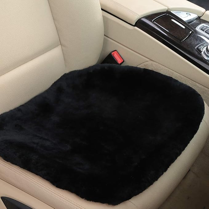 OGLAND 20 inchs Fluffy Genuine Australia Sheepskin Car Seat Cover for Auto Interior Accessories with Soft Fuzzy Wool Cushion Natural Fur (Black, Front)