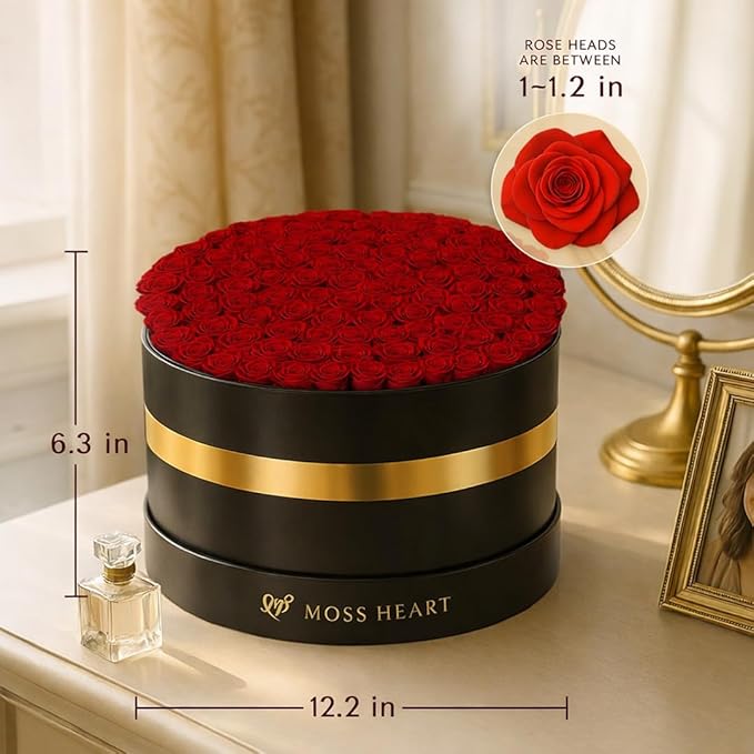 100 Petite Preserved Roses, Large Round Shaped Box, Real Forever Roses Last 1+ Year, Romantic Gift for Women, Wife, Girlfriend, Mother’s Day, Birthday, Anniversary, Valentine’s Day