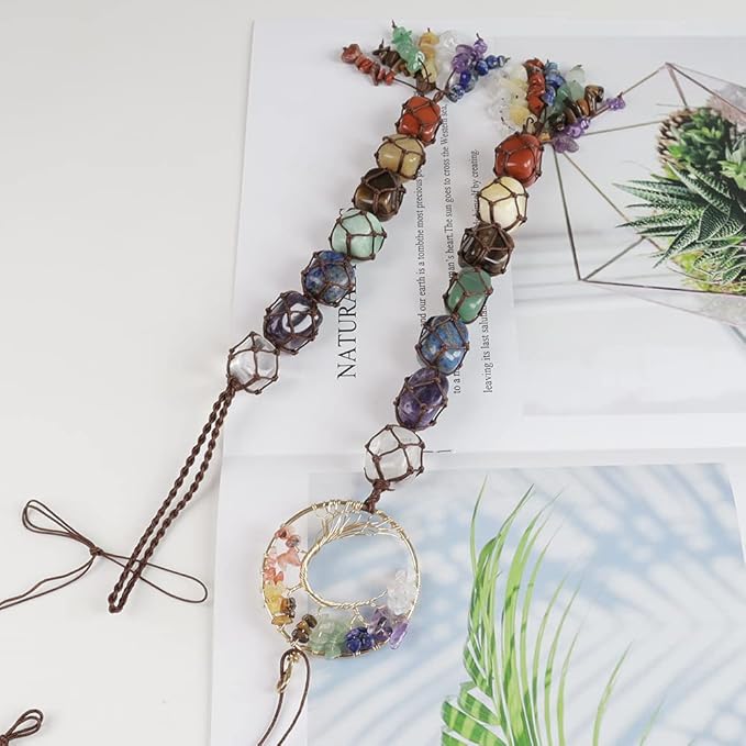 Anjiucc 7 Chakra Stone Healing Crystal Tree of Life Wall Hanging Home Interior Decoration，Window Decoration，Yoga Meditation