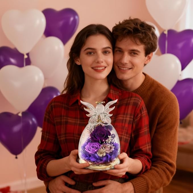 Purple Rose Gifts for Mom Birthday Gifts for Women | Forever Rose in Glass Fresh Flowers for Delivery | Preserved Rose Angel Figurine Mother’s Day for Mom Grandma from Daughter Birthday Gifts