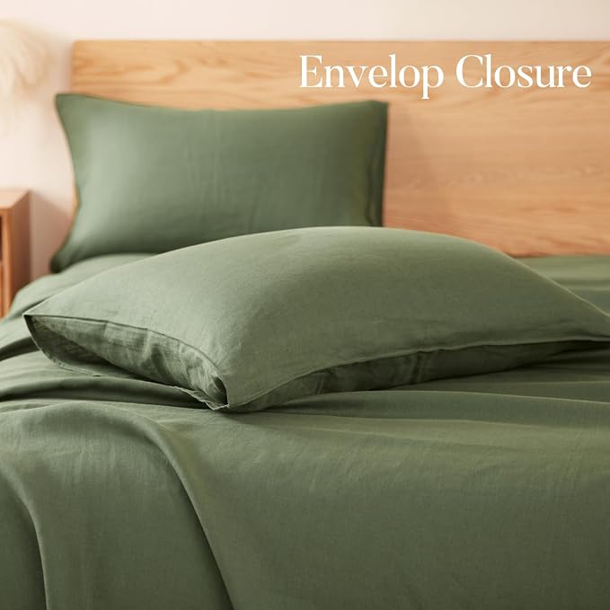 DAPU 100% Linen Pillowcases 20x30 Inches Pillow Cases (Pack of 2) with Envelope Closure, Stone Washed Breathable and Cooling (Olive Green, Queen)