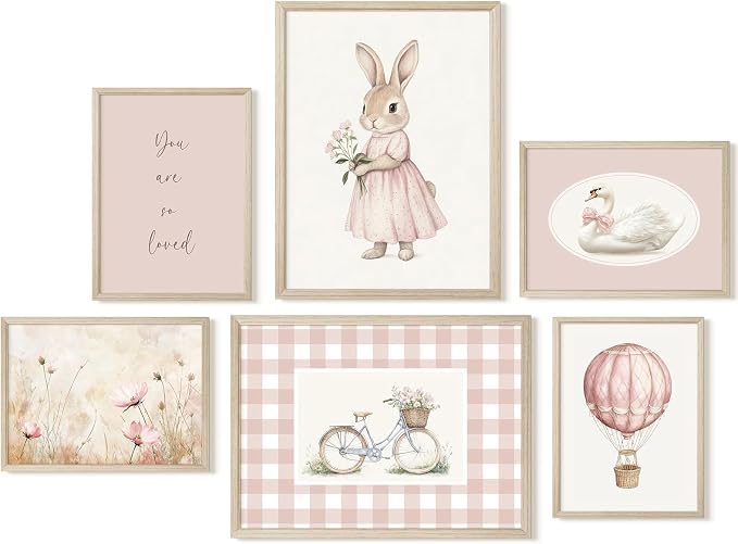Pink Nursery Wall Art Decor Baby Girl Room Pictures Vintage Nursery Canvas Wall Decor Bunny Prints Floral Swan Poster Cute Rabbit Painting Artwork for Toddler Girls Bedroom 8x10x6 Inch Wood Framed