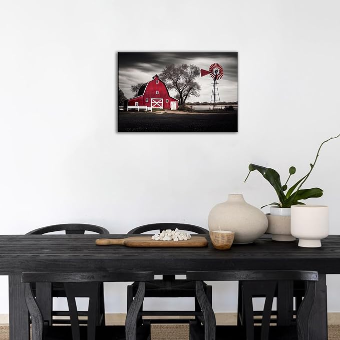 Red and Black Old Barn Wall Art Farmhouse Windmill Wall Decor Living Room Vintage Country Picture Canvas Prints Framed Farm Landscape Painting Modern Artwork Bedroom Kitchen Home Decorations 16x24”