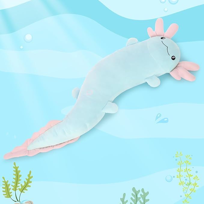 Tezituor 48 inch Blue Axolotl Stuffed Animal Large Plush Body Pillow for Adults Girls 6-12 Valentines Gifts, Glow-in-Dark Plush Toy 4ft Long Stuffed Salamander Halloween Christmas
