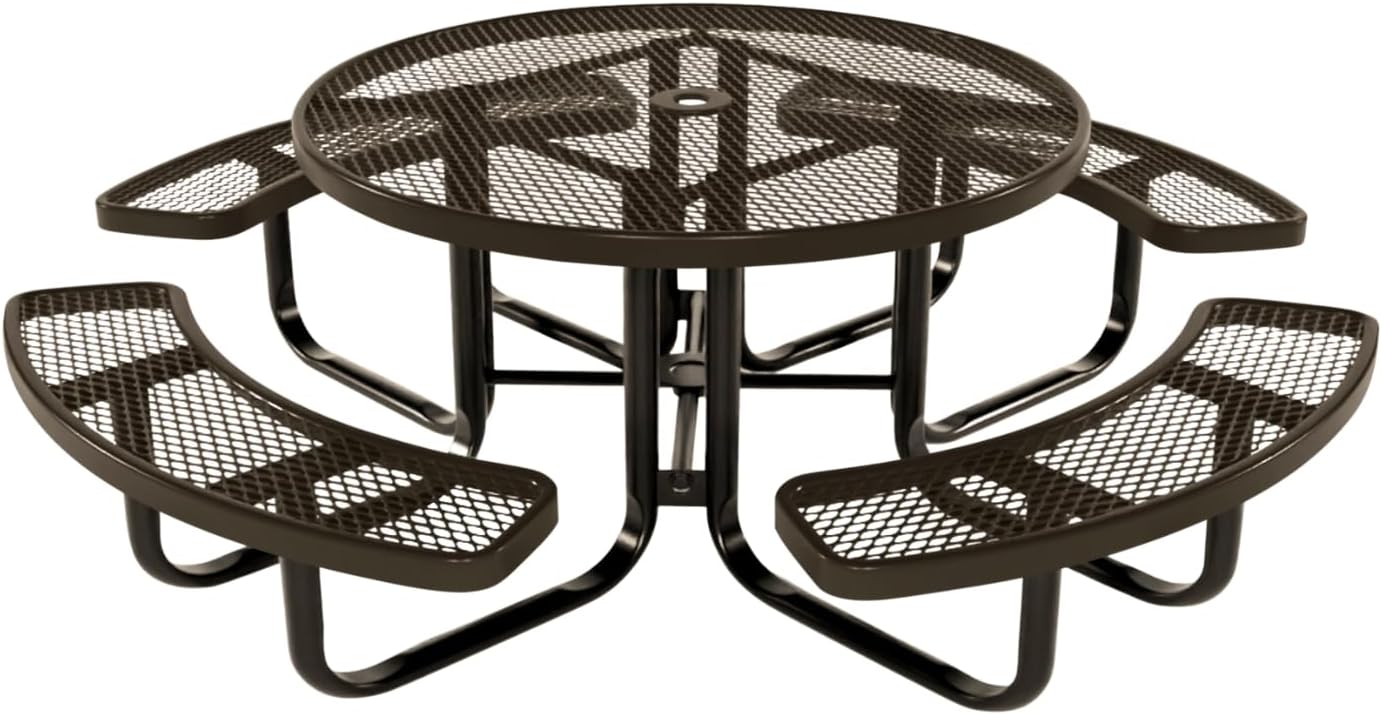 Coated Outdoor Furniture Heavy-Duty Portable Outdoor Kids Table with Umbrella Hole, Expanded Metal Kids Picnic Table, Commercial-Grade, Made in America (46 In, Round, Childrens, Textured Brown)