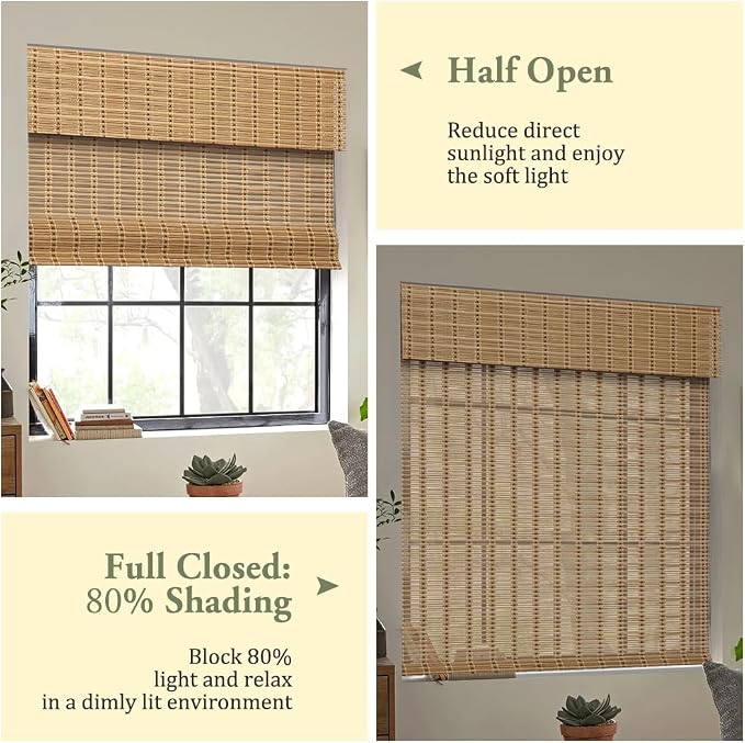 Kokorona Cordless Bamboo Roman Shades with Valance, Light Filtering Bamboo Blinds for Interior Windows, Natural Roll Up Bamboo Shades for Home, Office, Easy Installation, 36" W x 64" H, Natural