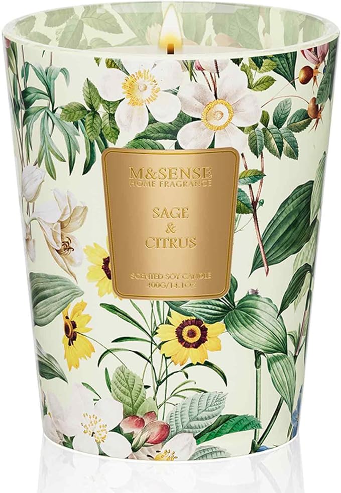 M&SENSE Sage Citrus Soy Candle, 14.1oz, Refresh Home Fragrance | 60H Long Burn, Non-Toxic, Home Freshener, Stress Relief, Relaxation Housewarming Gift