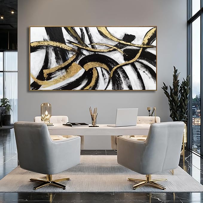 Kureful White Abstract Canvas Wall Art Gold Modern Artwork Black Line Prints Textures Picture for Walls Arts Posters for Office Bedroom Home 29"x58"