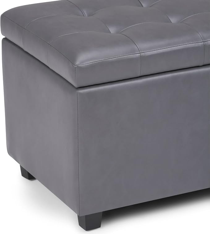 SIMPLIHOME Cosmopolitan Storage Ottoman - 34 inch Wide Upholstered Vegan Leather Rectangle Storage Ottoman Bench in Stone Grey, Transitional Tufted Ottoman for Living Room or Entryway with Lift-Up Lid