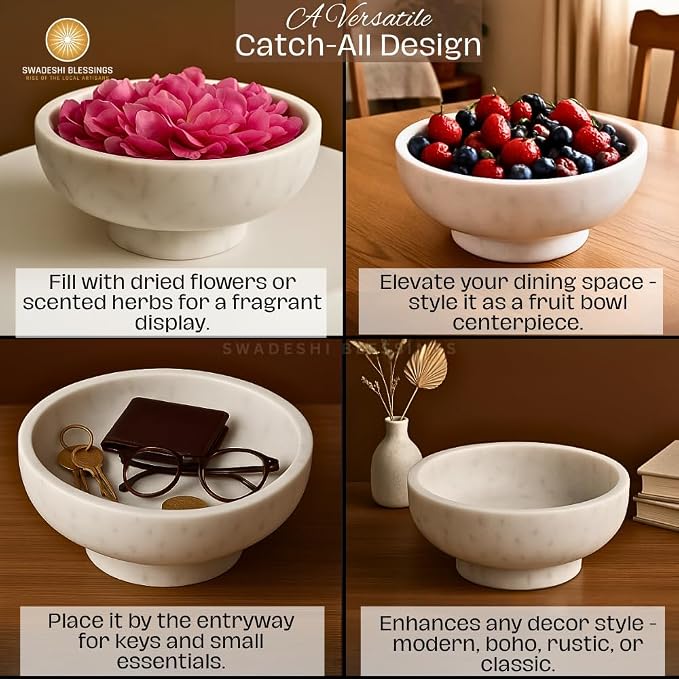 SWADESHI BLESSINGS Handcrafted Large Decorative Bowl for Home Decor, Marble Fruit Bowl for Kitchen Counter, Key Bowl for Entryway Table, Marble Pedestal Bowl for Dining Table Centerpiece Decor, 10.5”
