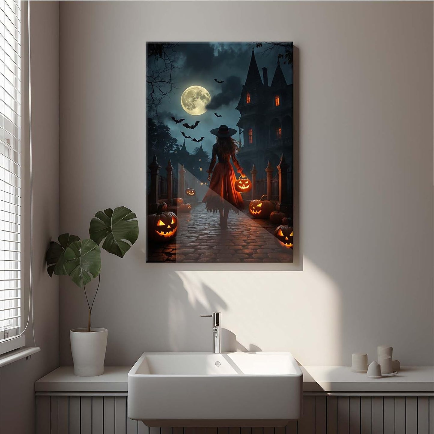 Halloween theme poster moonlit autumn night witch vintage poster art print dark college style gothic painting canvas wall decoration bedroom living room ideal gift28x40in Wood Framed