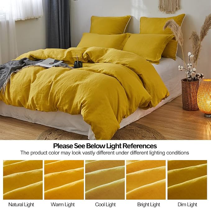 Simple&Opulence 100% Linen Duvet Cover Set 3pcs Basic Style Natural French Washed Flax Solid Color Soft Breathable Farmhouse Bedding with Button Closure - Mustard Yellow, Queen
