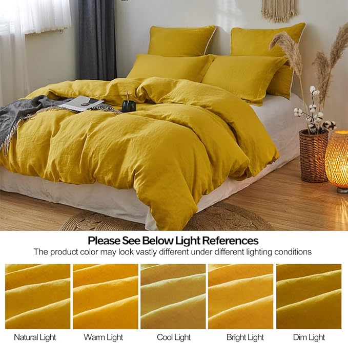 Simple&Opulence 100% Linen Duvet Cover Set 3pcs Basic Style Natural French Washed Flax Solid Color Soft Breathable Farmhouse Bedding with Button Closure - Mustard Yellow, King