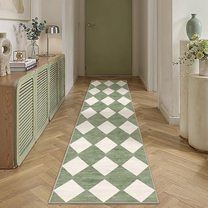 PureCozy Checkered 2x8 Runner Rug for Hallways Green and White Washable Long Carpet Non-Slip Low Pile Modern Soft Indoor Accent Throw Rugs for Entrance Kitchen Bedroom Dining Laundry