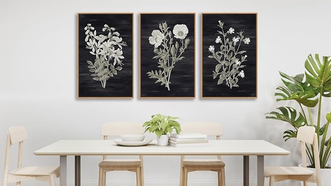 Large Botanical Wall Art for Living Room Natural Wood Float Framed Art Set of 3 White Flowers Pictures Artwork Green Leaf Canvas Prints for Bedroom Kitchen Home Office Wall Decor 24"X36"X3