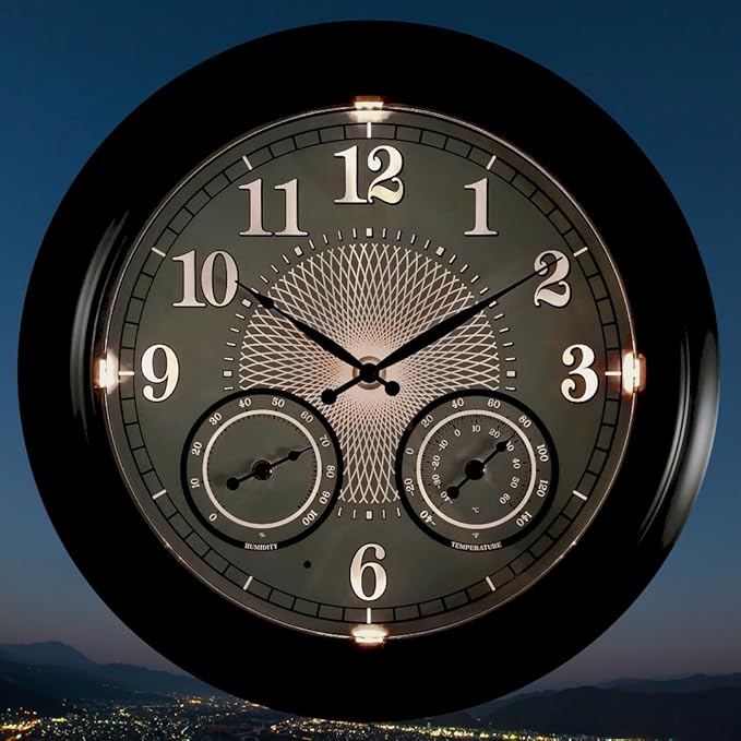 Illuminated Large Outdoor Clock - 18 inch Indoor Outdoor Night Light Wall Clock with Smart LED Sensor, Temperature and Humidity Combo - Weatherproof & Easy to Read for Pool, Patio & Home Decor