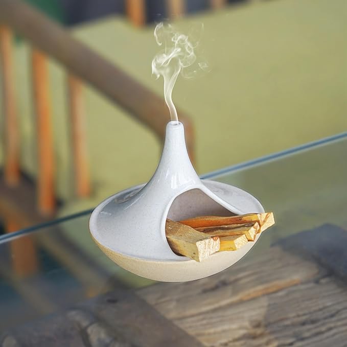 3 in 1 Incense Holder for Palo Santo Sticks Sage Bundles Cone Incense, Handcrafted Ceramic Incense Burner Holder Ash Catcher with Chimney, Smudge Bowl for Yoga Meditation Home Decor (Chimney White)