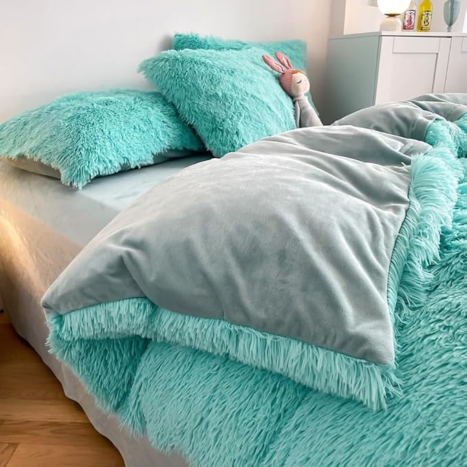 chovy Faux Fur Plush Sky Blue Comforter Sets Queen - Ultra Soft Shaggy Flannel Velvet Fluffy Fuzzy 3PC Bedding Set (Comforter x 1 Pillowcases x 2)
