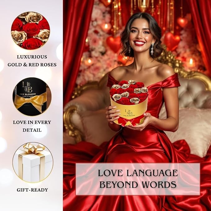 17 Forever Roses in a Box - Luxury Red & Gold Roses for Mothers Day, Gold Roses, Preserved Rose Gifts for Women, Mother's Day Flowers for Mom, Roses for Delivery Prime (Black Box)