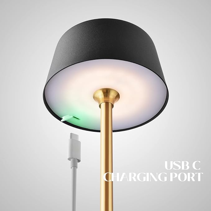 Cordless Table Lamp Set of 2, Rechargeable and Battery Operated, Powered by 2000mAh Battery, 18-Hour Run Time, Dimmable,Black and Gold Lamp for Bedroom, Kitchen,Restaurant, Buffet and Cafe