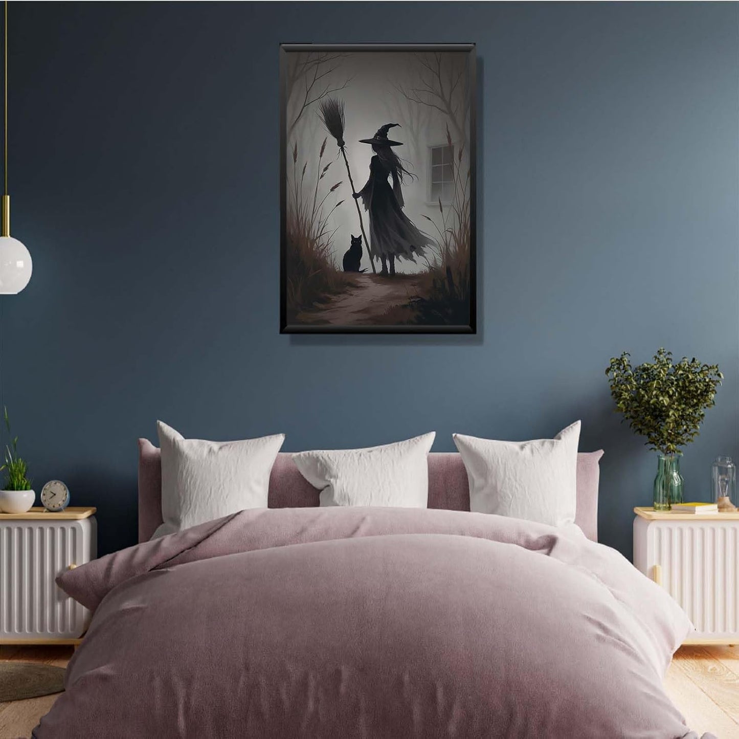 JFHCQJPK Vintage forest witch and black cat poster Halloween mural poster decoration mural art magic suitable for home living room bedroom8x12in Metal blackFramed