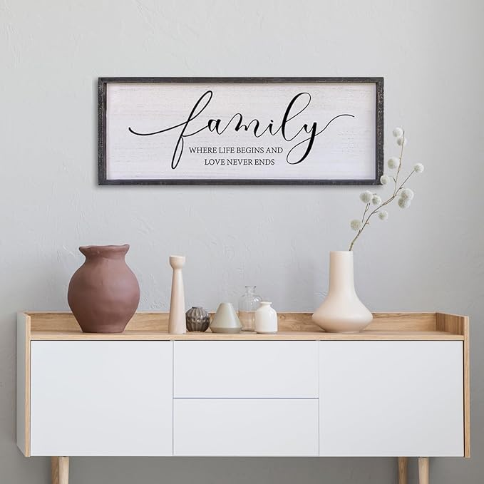 Surfapans Family Where Life Begins Love Never Ends Wall Decor 32"x12" Living Room Hallway Entryway Vintage Large Farmhouse Inspirational Quotes Motto Sign Wood Framed Hanging Home Wall Art (Black)