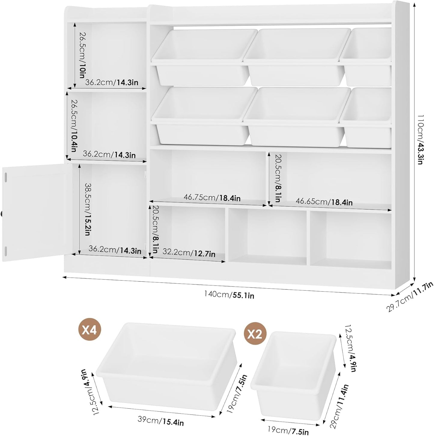 Toy Storage Organizer, 55” Wide Toy Organizers and Storage with 8 Storage Cubbies & 6 Toy Bins, Large Toy Box with Bookshelf, Playroom Storage for Playroom, White