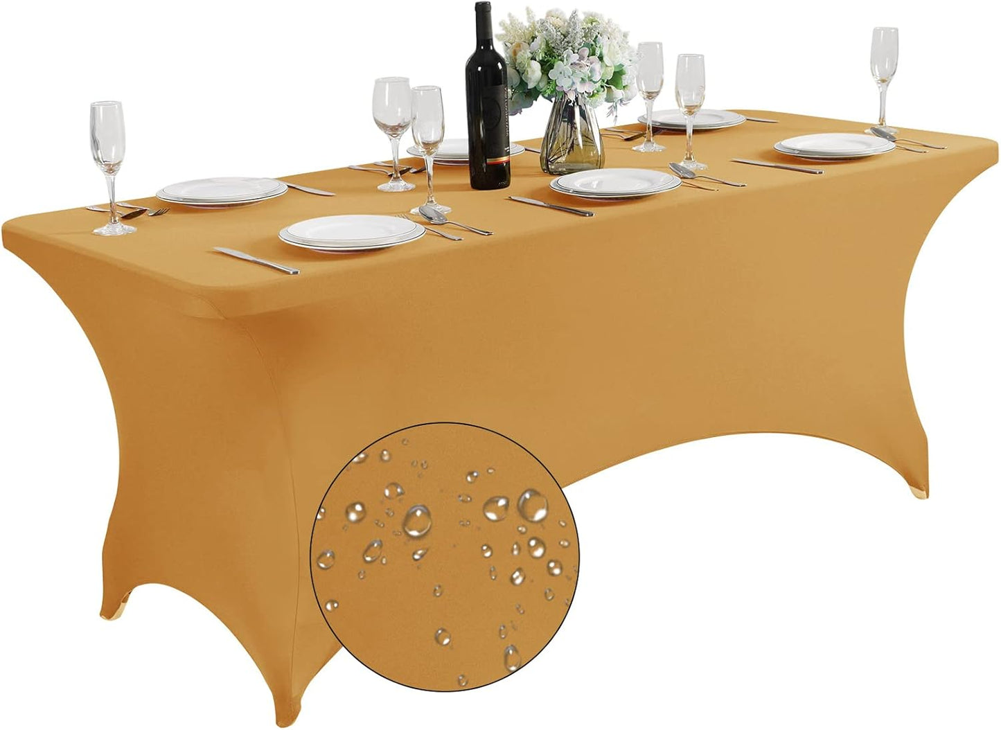 SuperO Waterproof Spandex Table Cover for 6FT Table Universal Fitted Stretch Tablecloth for Party, Banquet, Wedding and Events-Gold