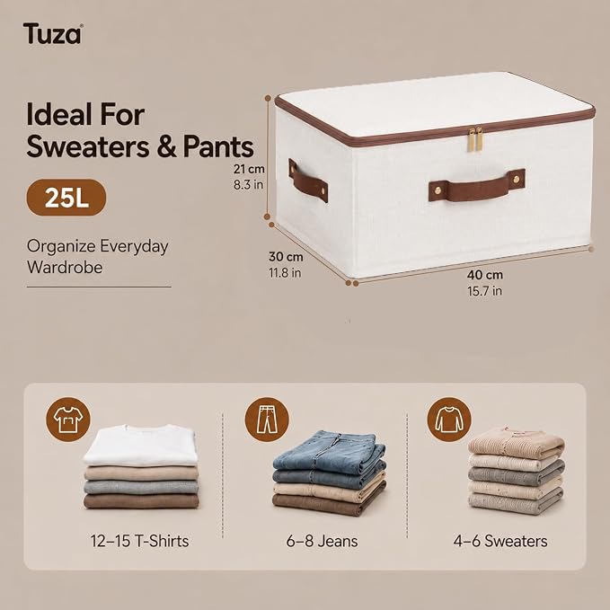Tuza 3 Pcs Rigid Storage Bins with Zipper Lid, Cotton Linen Fabric Storage Boxes, Foldable Shelves Clothes Storage Cubes with Handles for Wardrobe, Closet(Beige, 25L)