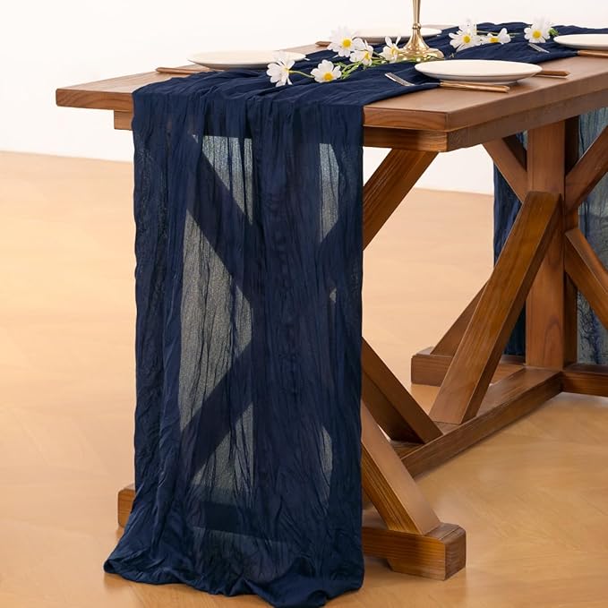 Socomi Navy Blue Easter Spring Cheesecloth Table Runner Boho Rustic Gauze 120 inch 10FT Cheese Cloth Runner for Wedding Party Baby Shower Birthday Home Decor Holiday Decorations