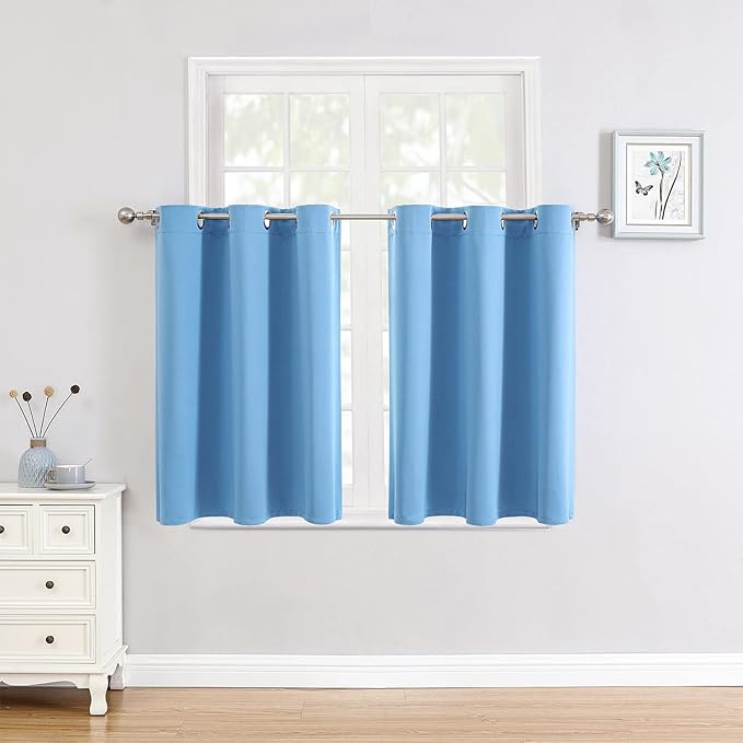 ChrisDowa Small Window Curtains for Kitchen and Bedroom - Grommet Short Thermal Insulated Room Darkening Curtains (2 Panels, Sky Blue, 34 x 36 Inch)