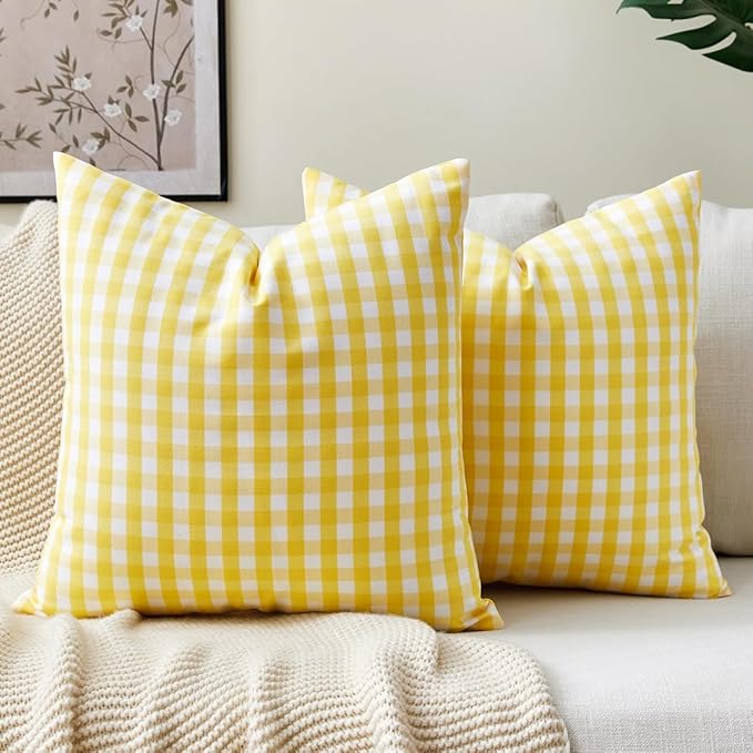 CARRIE HOME Yellow Gingham Checkered Throw Pillow Covers 18x18 Set of 2, Neutral Modern Farmhouse Yellow Outdoor Pillows 18 x 18 for Porch Patio Furniture (No Pillow Inserts)