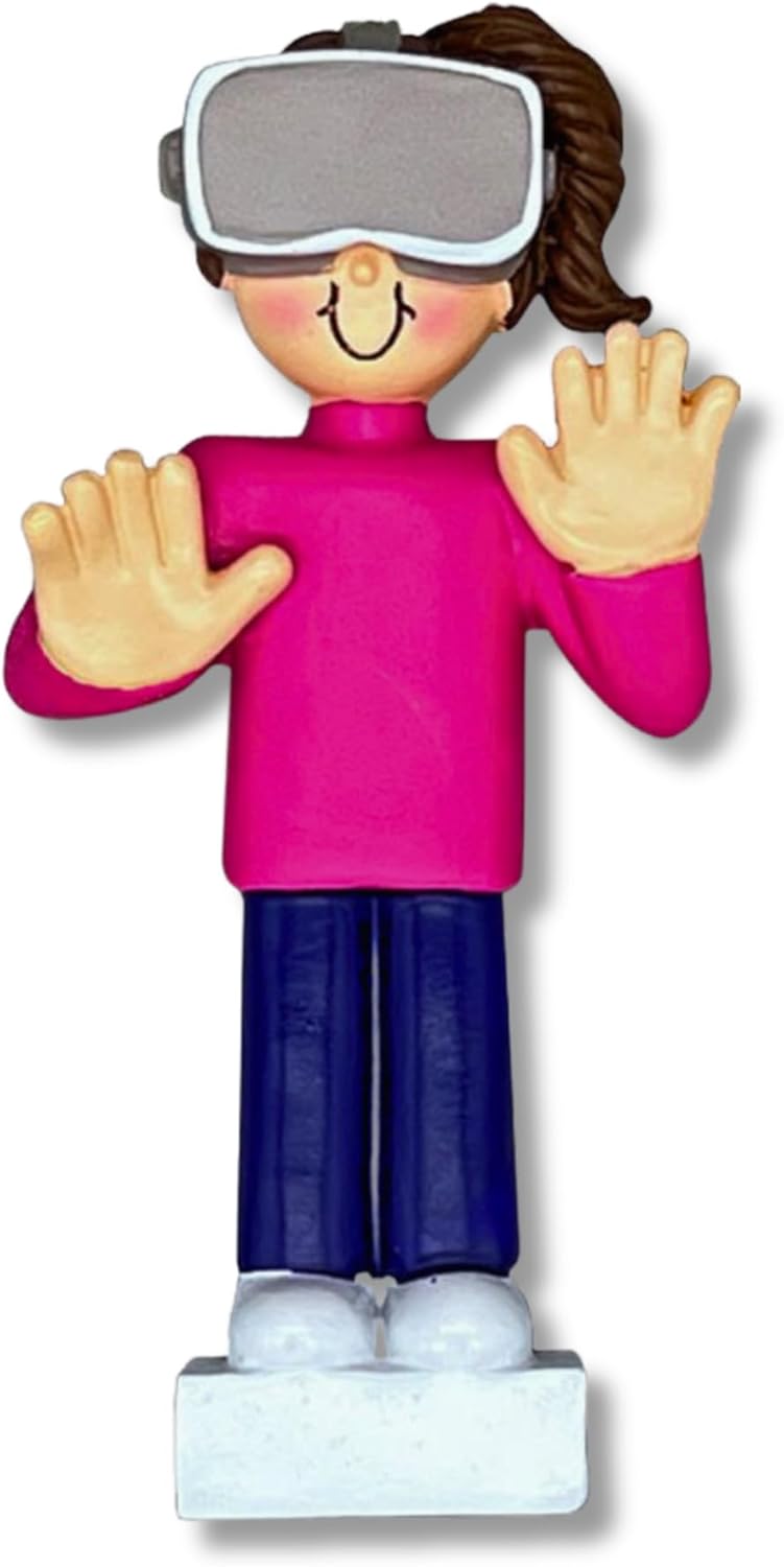 Ornaments by Elves - Personalized Virtual Reality Female Brunette Christmas Ornament - Unique Gift for Gamers Women Sisters - Tree Decoration, Birthday Office Party in a Giftable Packaging