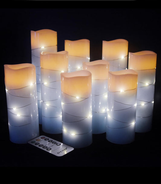 Sky Blue Flameless Candle, with Built-in Star Clusters, 9 LED Candles, 11 Button Remote Control, 24-Hour Cycle Timing, Flashing Flames, Real Wax, Battery Powered. (Full Sky Star Series)…