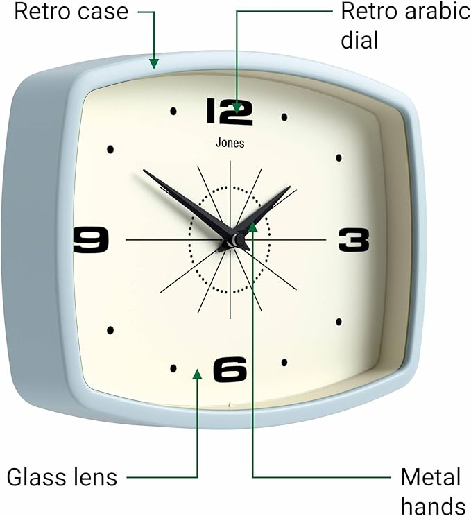 JONES CLOCKS® Movie wall Clock | Retro Rectangular Clock | 10 inch | Pale Blue | Cool mid-Century Designer Look for Kitchen, Living Room or Office