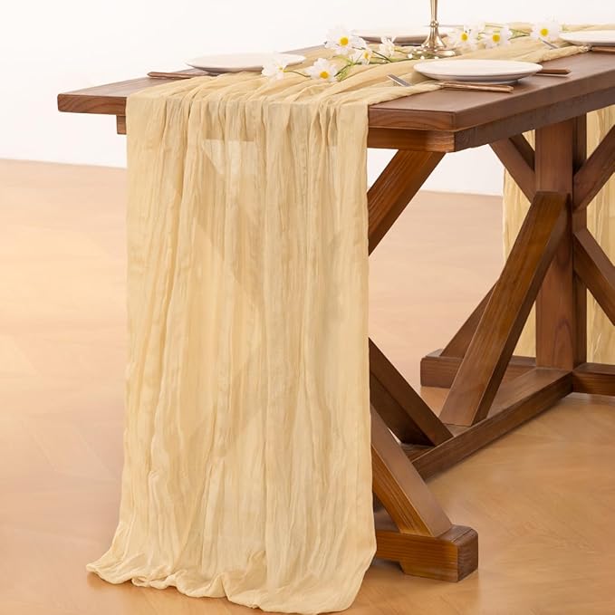 Socomi 6pcs Gold Champagne Cheesecloth Table Runner Easter Spring Boho Rustic Gauze 120 inch 10FT Cheese Cloth Runner for Wedding Party Baby Shower Birthday Home Decor Holiday Decorations