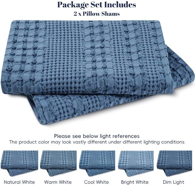 PHF 100% Cotton Waffle Pillow Shams Standard Size, 2 Pack 20" x 26" Soft Skin-Friendly Pillowcases, No Filling, Aesthetic Woven and Breathable Waffle Weave Pillow Case Covers for Bed, Denim Blue