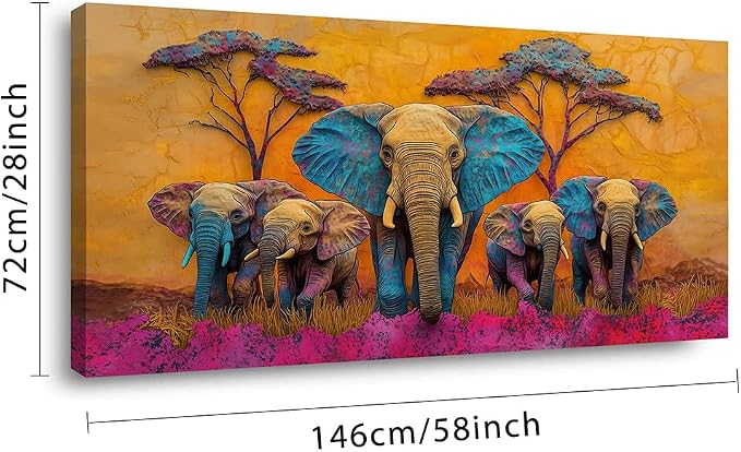 Ggaafet Colorful Elephant Wall Art for Living Room Canvas Painting Prints Beautiful Cute African Purple Surreal Art Deco Modern Artwork Office Bedroom Family Dining Room Decor Extra Large