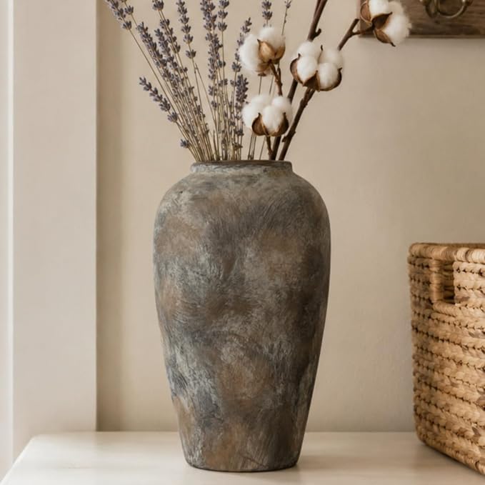 12 Inch Vintage Farmhouse Decor Ceramic Rustic Vase, Handmade Brown Flower Vases for Centerpieces, Living Room & Kitchen Shelf Decorative Pottery Vase for Home Decor
