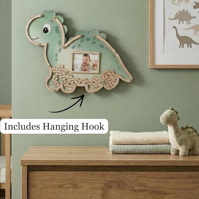 Dinosaur Guest Book Alternative Keepsake Frame - Baby Shower - Birthdays - Gender Reveal - Decorations - Premium Wooden Shadow Box Nursery Decorations - Gift Idea - Wooden Tokens and Token Sign Box Included - OneASaurus Theme (Green)