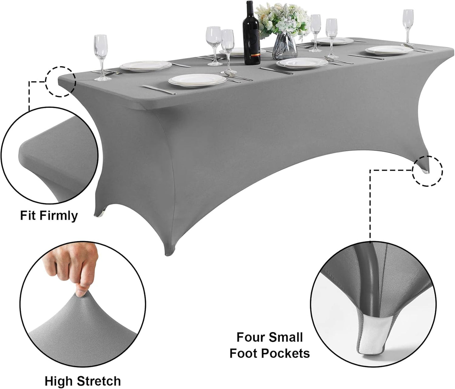 SuperO 2Pack Waterproof Spandex Table Cover for 6FT Table Universal Fitted Stretch Tablecloth for Party, Banquet, Wedding and Events-Gray
