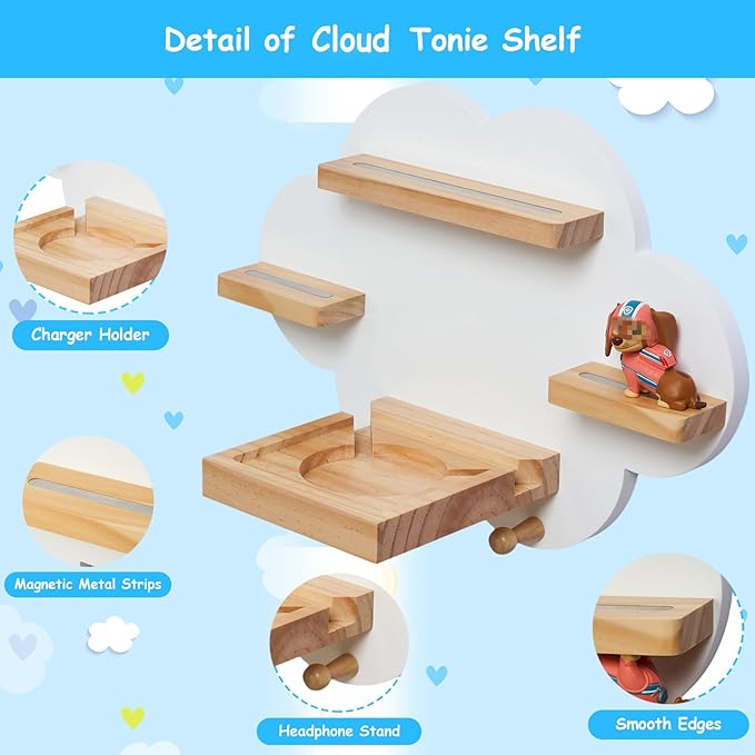 Cloud Toines Shelf, for TonieBox 1 and Toniebox 2 Tonies Wall Shelf Tonies Storage for 12-20 Toine Figures Characters Magnetic Shelf for Tonies Toniebox, Charging Station, Kids Play Room(White)