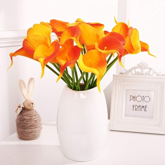 Floral Kingdom 20 Pack Artificial Calla Lily Flowers 14 Inch Yellow-Orange – Real Touch Faux Flowers for Table Centerpieces, Home Decor and Weddings