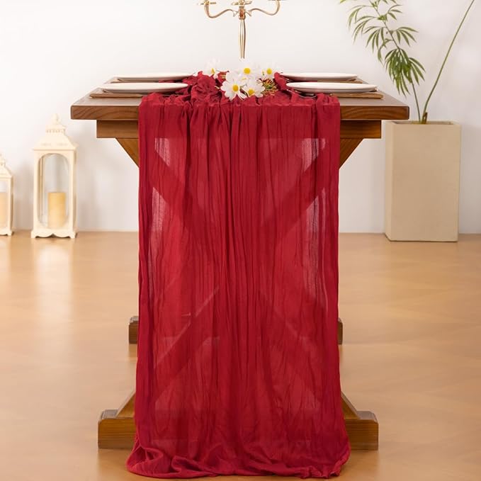 Socomi 3pcs Red Easter Spring Cheesecloth Table Runner Boho Rustic Gauze 120 inch 10FT Cheese Cloth Runner for Wedding Party Baby Shower Birthday Home Decor Holiday Decorations