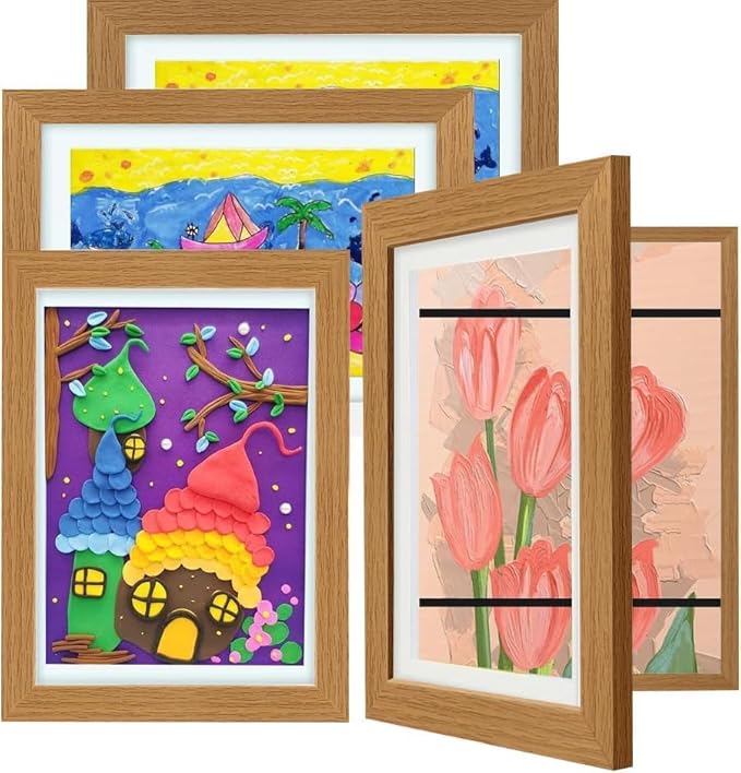 Kids Art Frames 8.5x11, 4-Pack Front Opening Changeable Picture Frames for Kids Artwork, Holds 150 Pieces Each, Artwork Storage and Wall Display Frame for Drawings, Portfolio, Wood