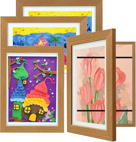 Kids Art Frames 8.5x11, 4-Pack Front Opening Changeable Picture Frames for Kids Artwork, Holds 150 Pieces Each, Artwork Storage and Wall Display Frame for Drawings, Portfolio, Wood